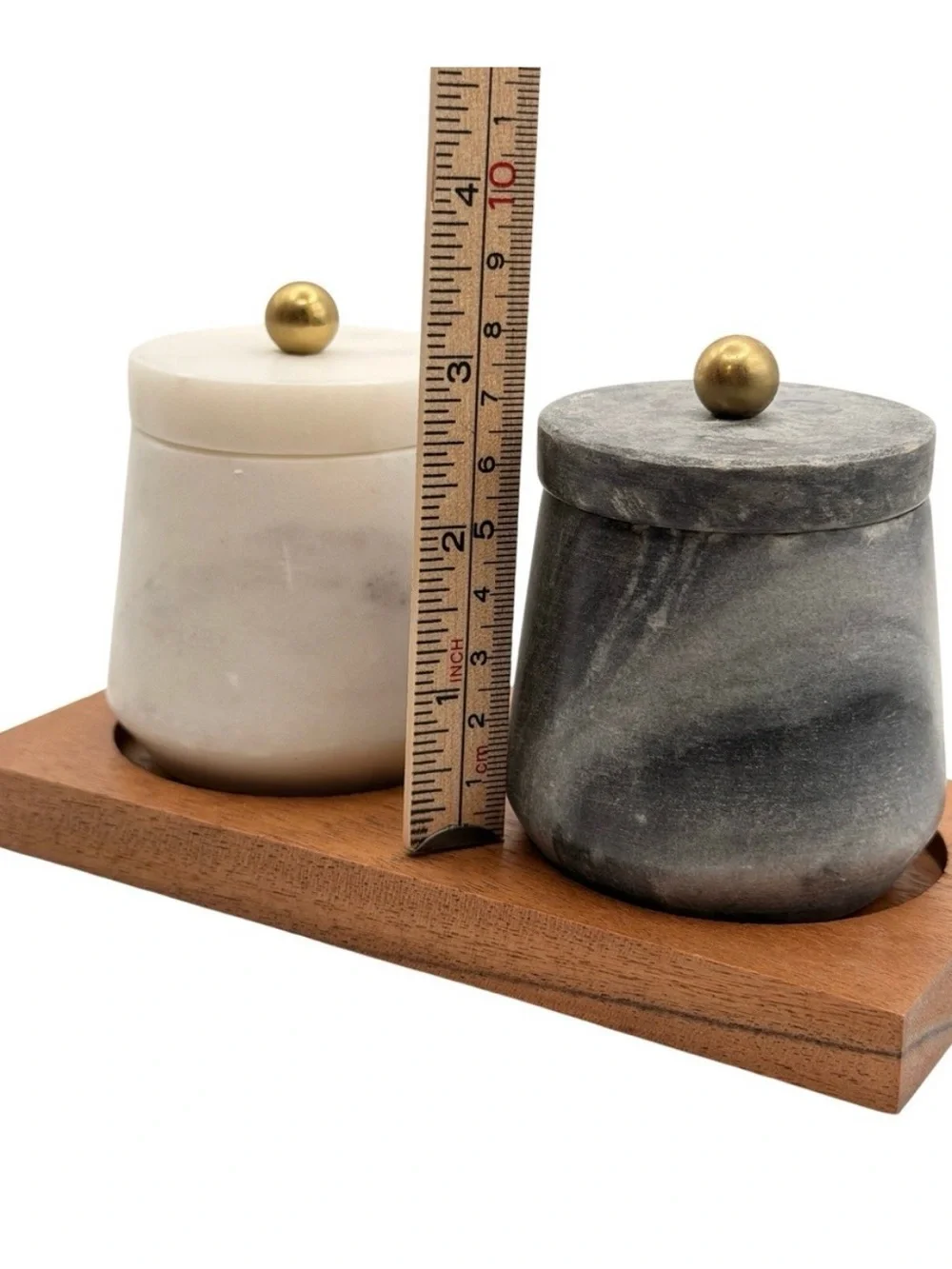 Marble Salt and Pepper Jars with Gold Spoons and Wooden Tray - White & Gray